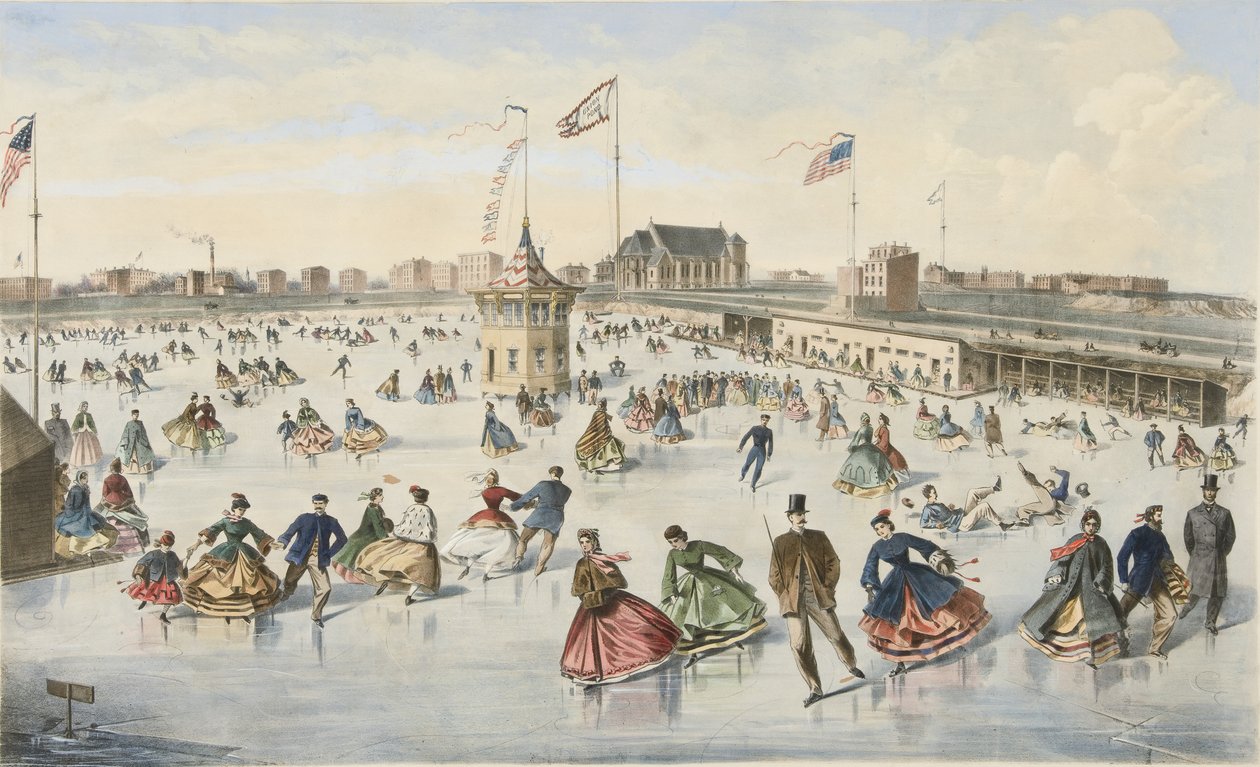 Pattinaggio su Union Pond, pub. 1863 (litografia a colori) da American School