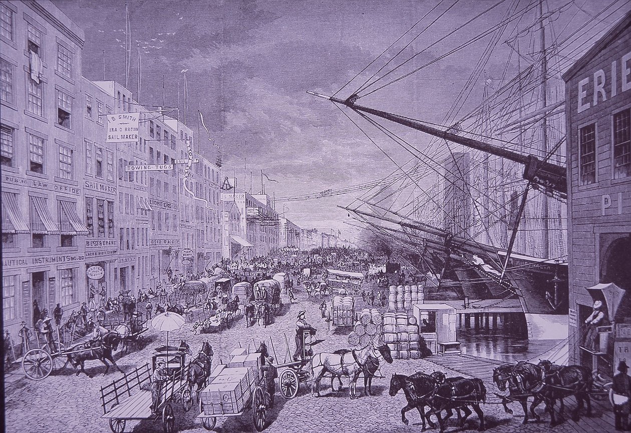 South Street Seaport negli anni 1870, New York City (incisione) da American School