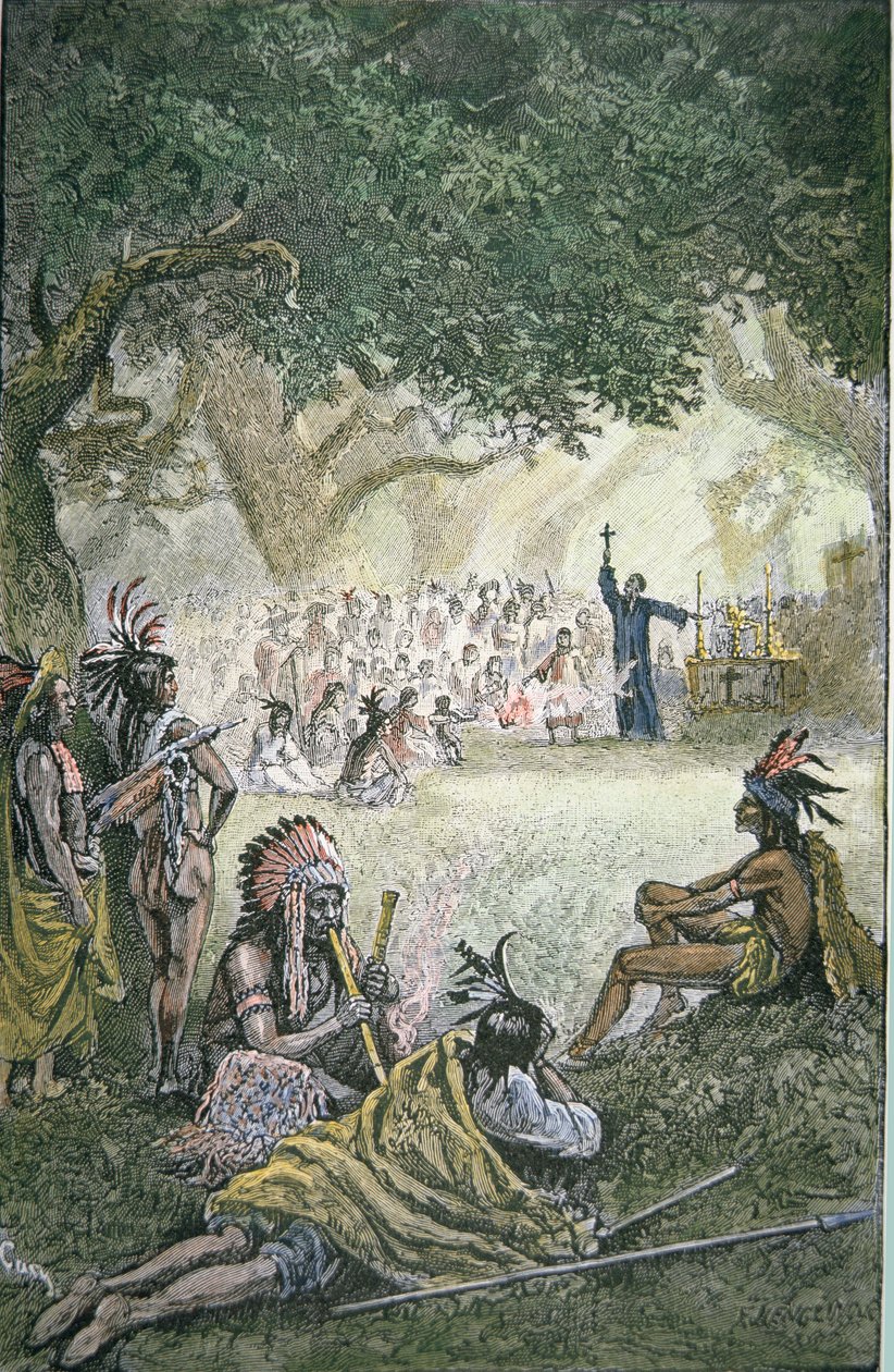 Missionari gesuiti spagnoli che convertono i nativi americani in California nel XVII secolo da American School
