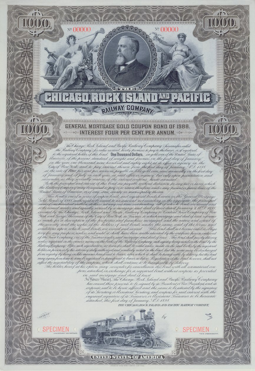 Certificato obbligazionario di esempio per 1000 dollari per la Chicago, Rock Island and Pacific Railway Company, 1898 da American School