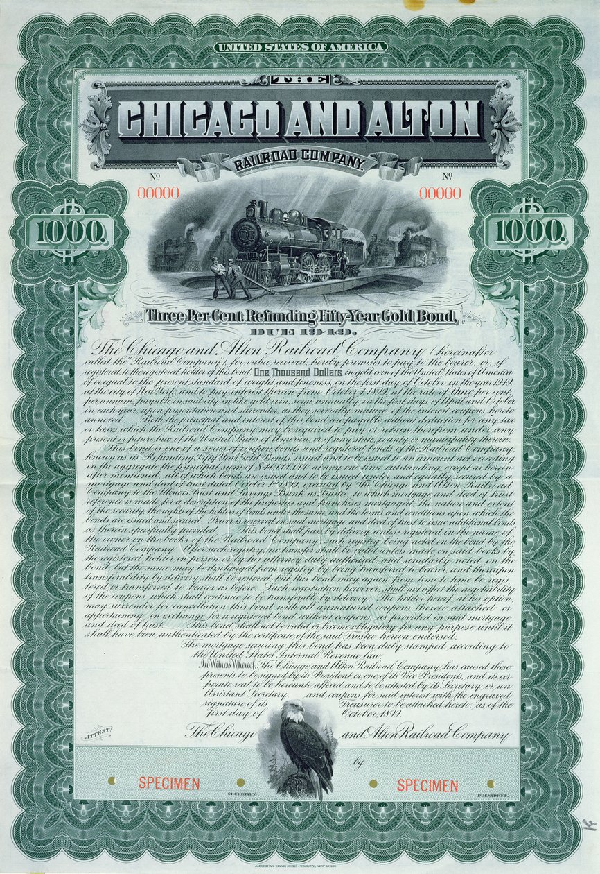 Certificato obbligazionario di esempio per 1000 dollari per la Chicago and Alton Railroad Company, 1899 da American School
