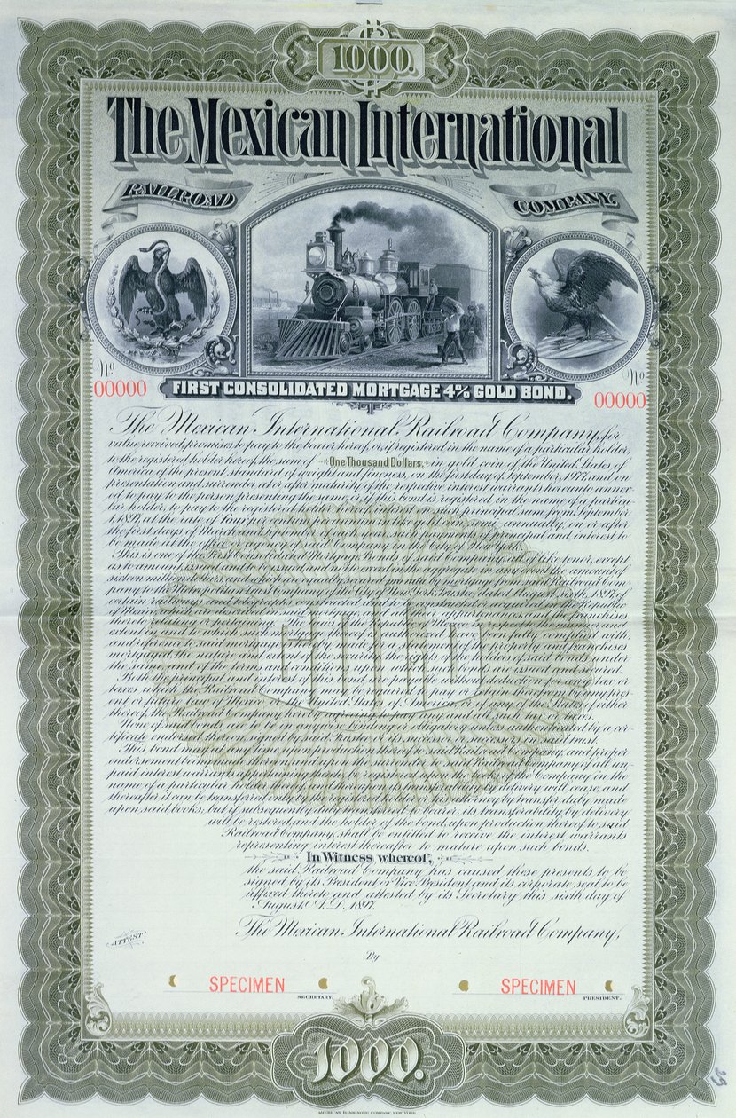 Certificato obbligazionario di esempio per 1000 dollari per la Mexican International Railroad Company, 1897 da American School