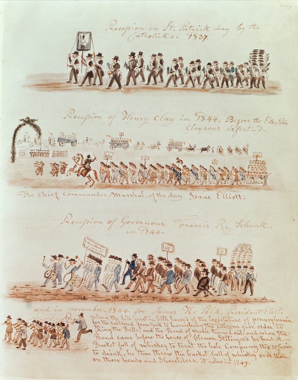 Processione del giorno di San Patrizio nel 1837 e processioni per Henry Clay, Governatore Francis Schunk e James Polk nel 1844 da American School