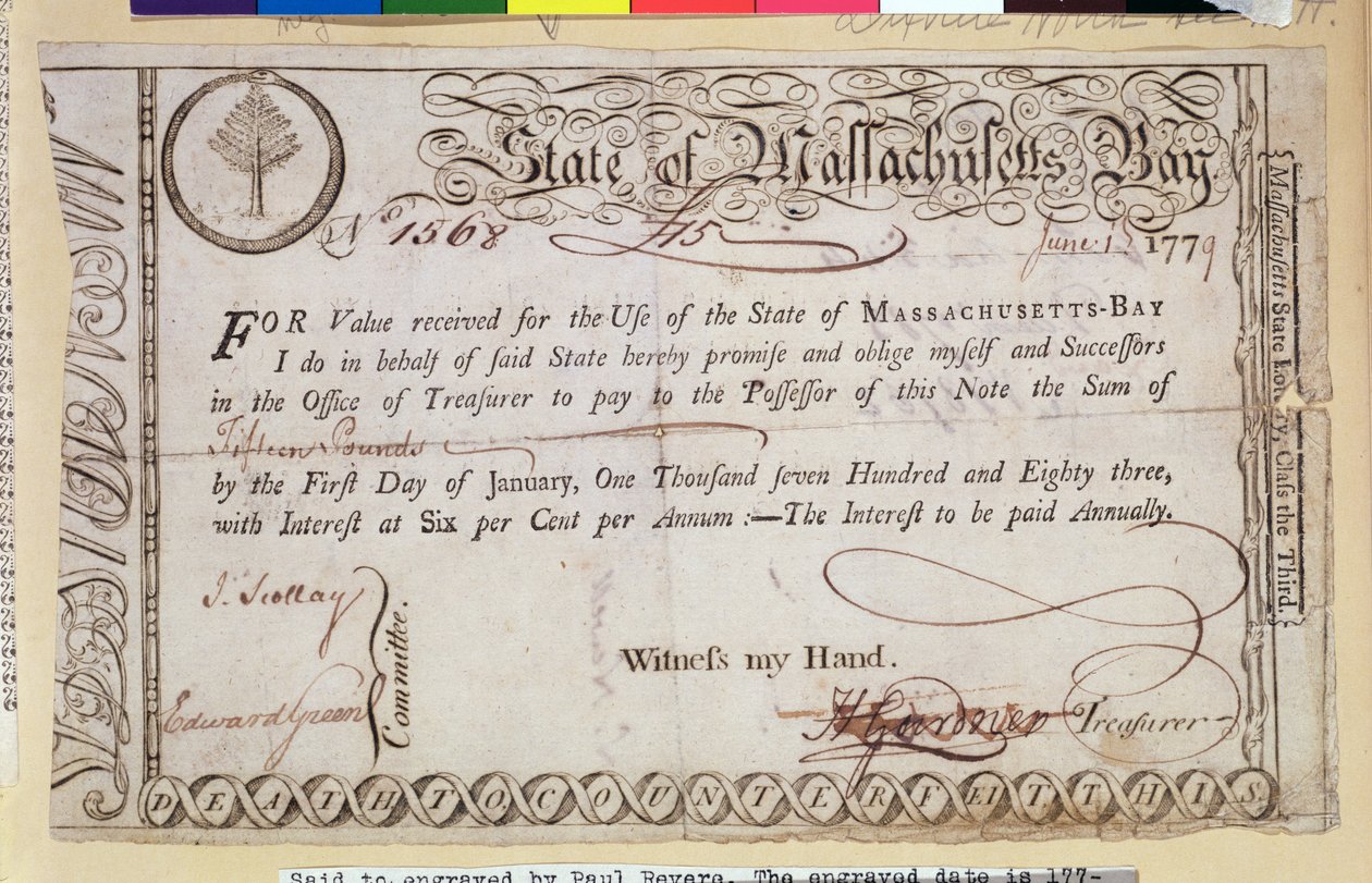 Nota promissoria dello Stato della Baia del Massachusetts, si dice incisa da Paul Revere (1735-1818) 1779 da American School