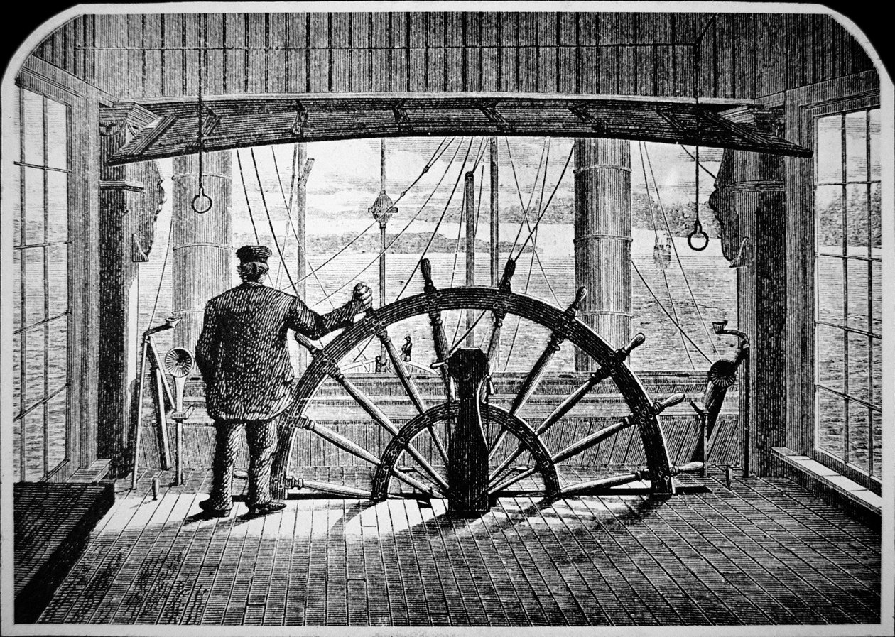 Pilota di battello a vapore nella cabina di pilotaggio, c.1870 da American School