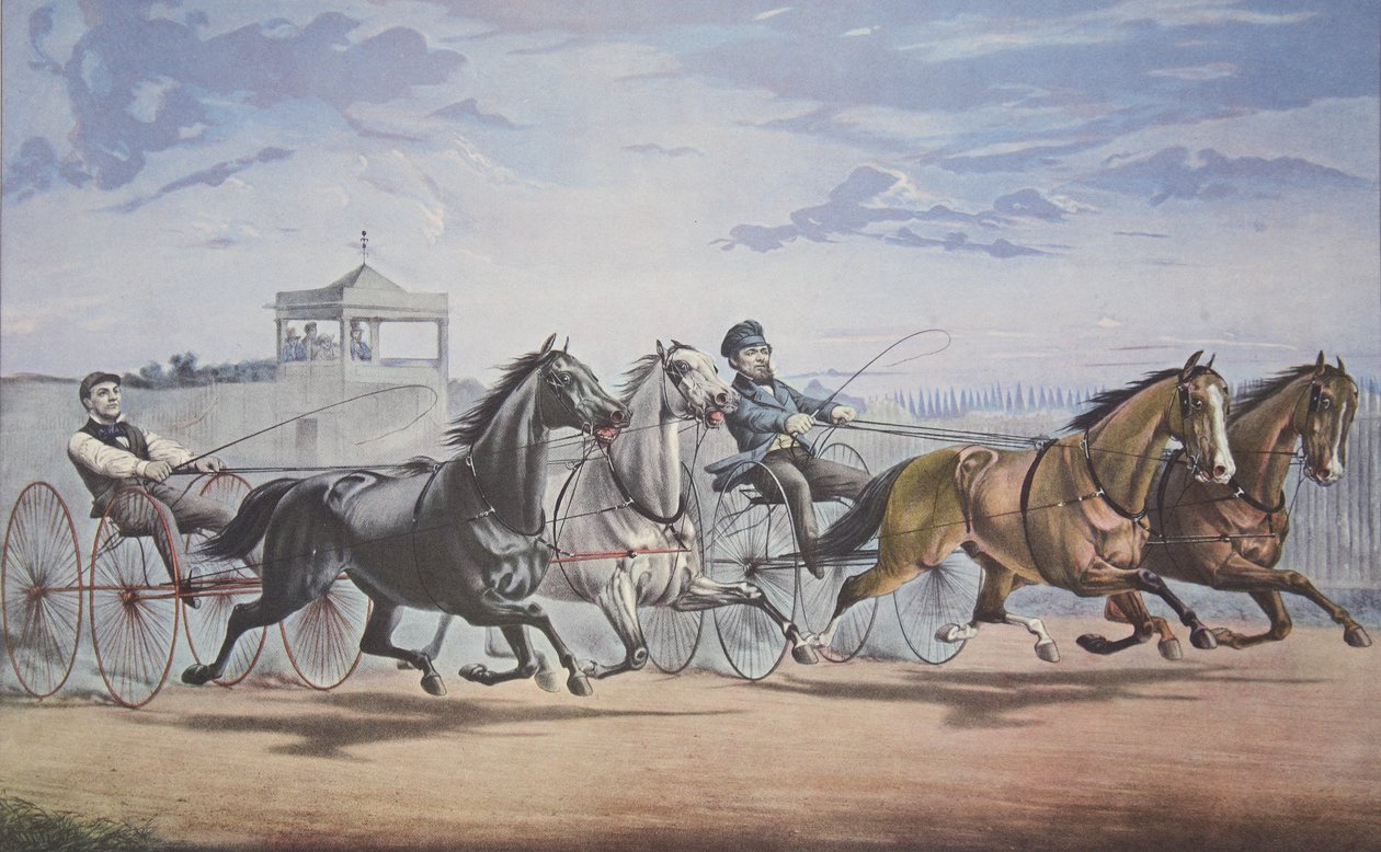Stella e Alice Grey - Lanterna e Balena, Passando lo stand (Nella loro grande gara in doppio tiro sul Union Course L.I. 5 giugno 1855), pub. 1855, Currier & Ives da American School