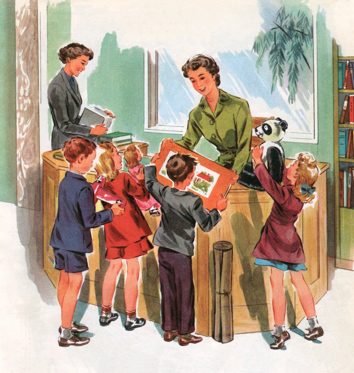 Studenti nella biblioteca scolastica, 1950 circa (serigrafia) da American School