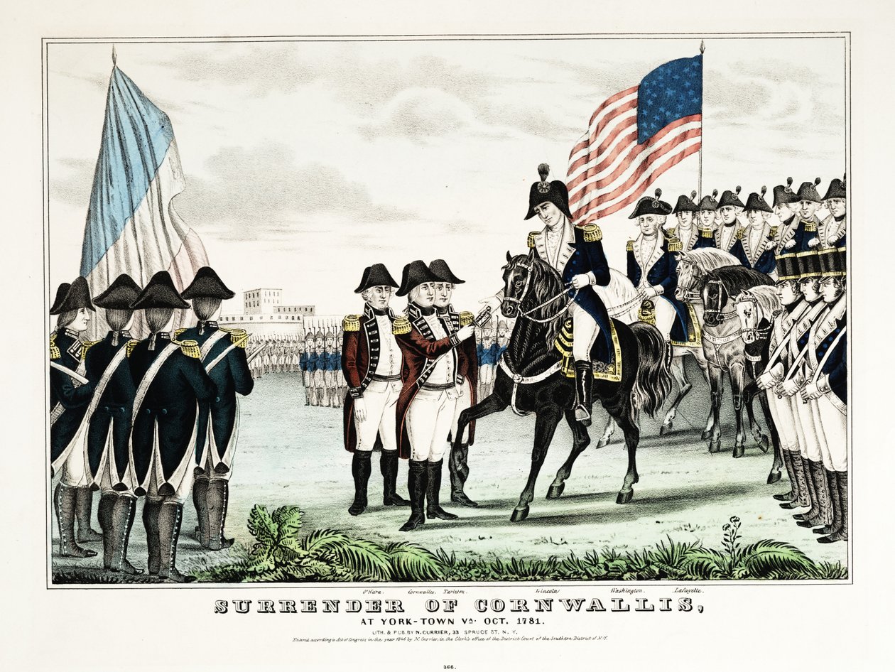 La resa di Cornwallis a York Town, VA, ottobre 1781, pub. Currier  Ives da American School