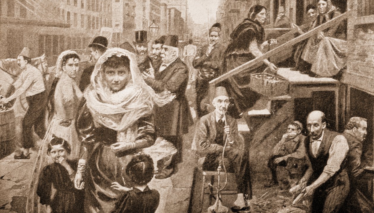 Comunità siriana in Lower Washington Street, New York (incisione) da American School