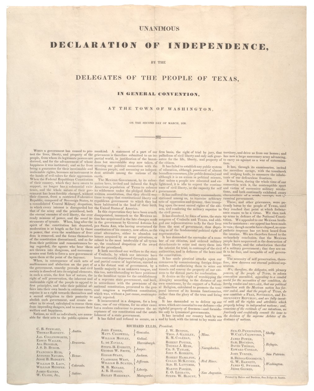 Dichiarazione di indipendenza del Texas: Dichiarazione unanime di indipendenza, stampata da Baker e Bordens, 2 marzo 1836 da American School