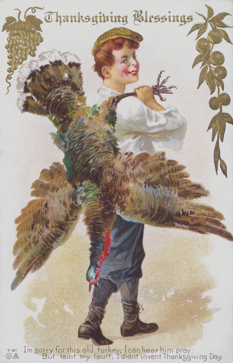Biglietto di auguri per il Ringraziamento raffigurante un uomo con un tacchino. (chromolitho) da American School