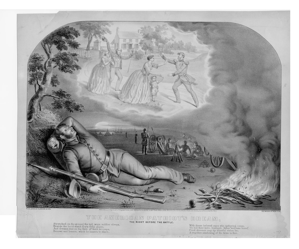 Il sogno dei patrioti americani, la notte prima della battaglia, pub. da Currier & Ives, 1861 da American School