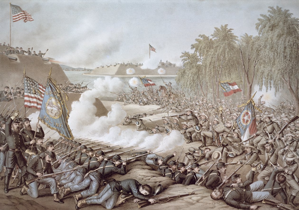 La battaglia di Corinto, 3-4 ottobre 1862, che mostra le bandiere del Nord e del Sud, di Kurz & Allison da American School