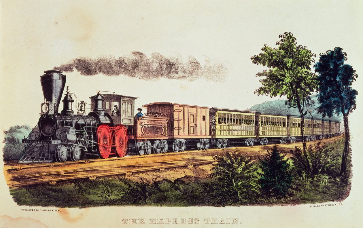 Il treno espresso, inciso da Nathaniel Currier (1813-88) e James Merritt Ives (1824-95) da American School