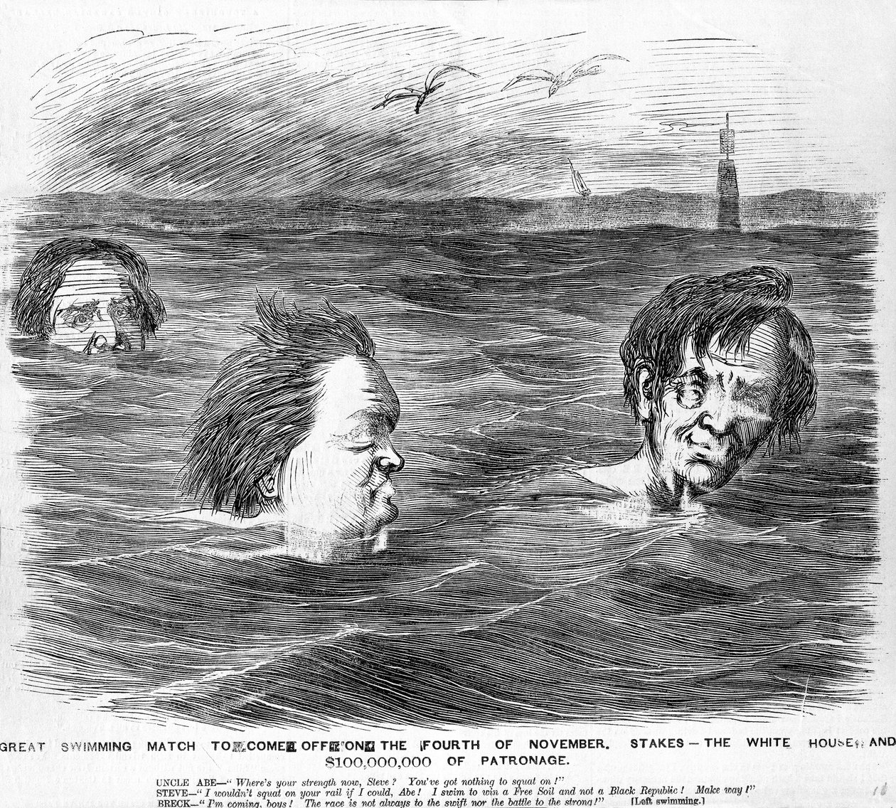 La grande gara di nuoto che si terrà il quattro novembre, c.1860 da American School