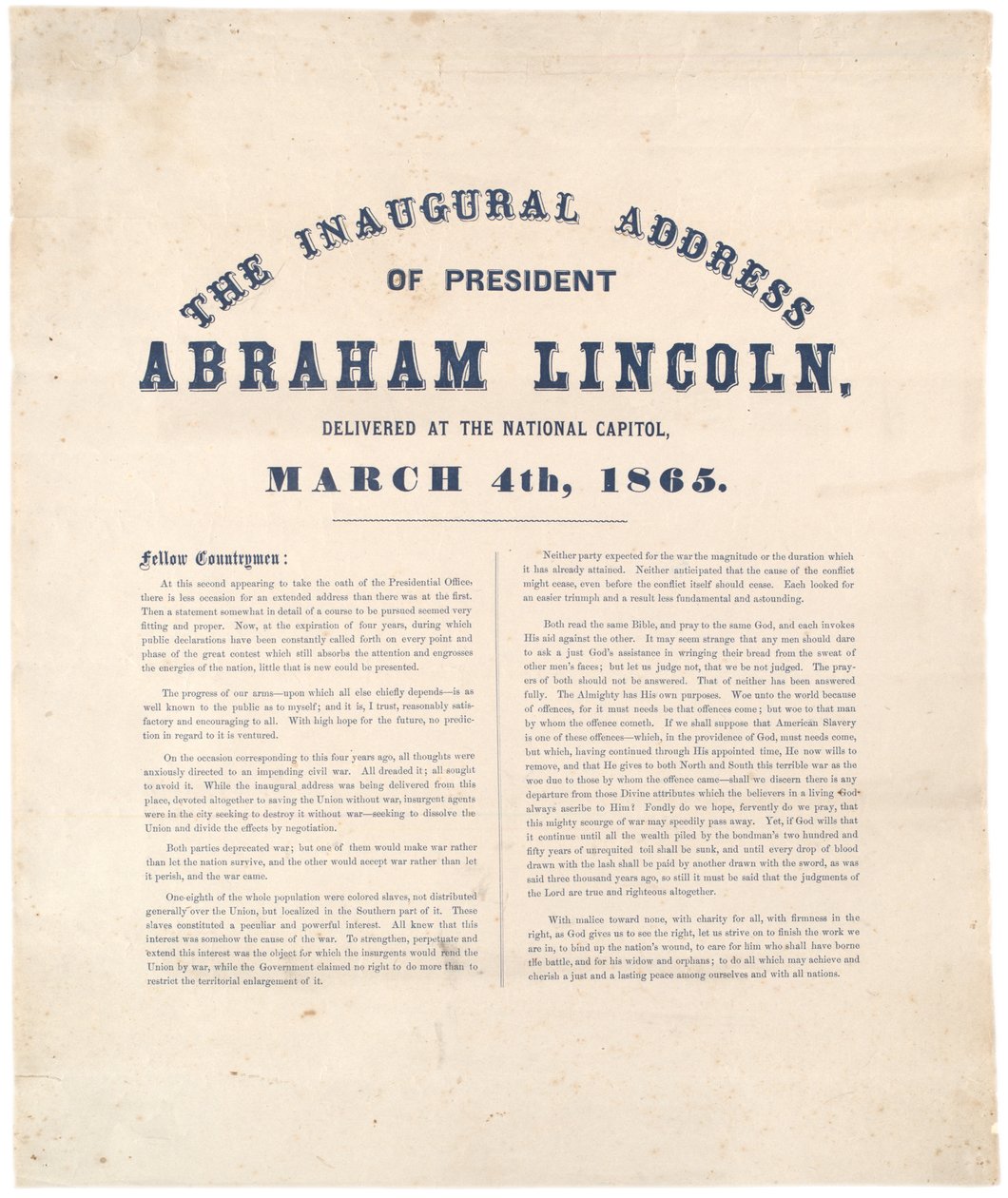 Discorso inaugurale del presidente Abraham Lincoln pronunciato al Campidoglio nazionale, 4 marzo 1865 da American School