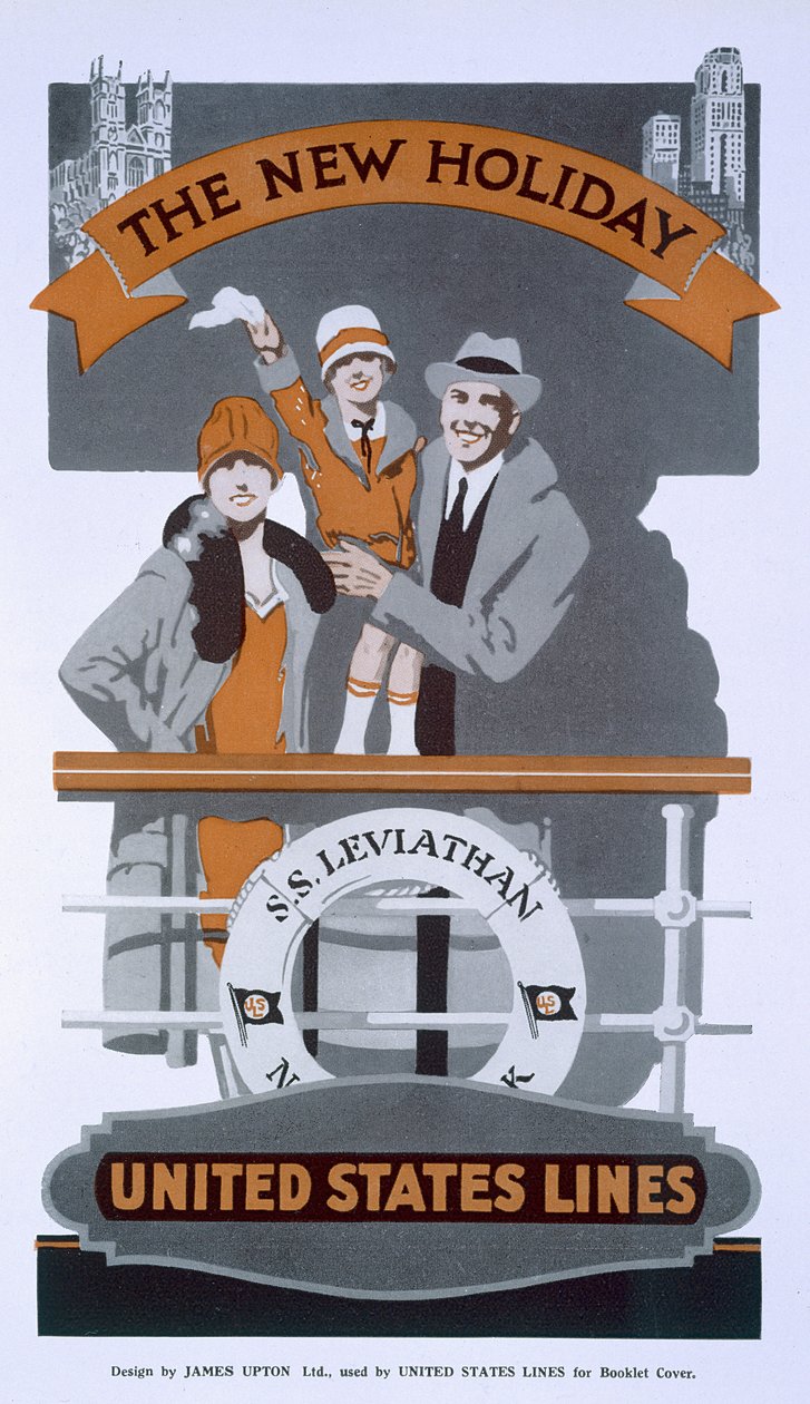 La Nuova Vacanza, annuncio per United States Lines, SS Leviathan, anni 1920 da American School