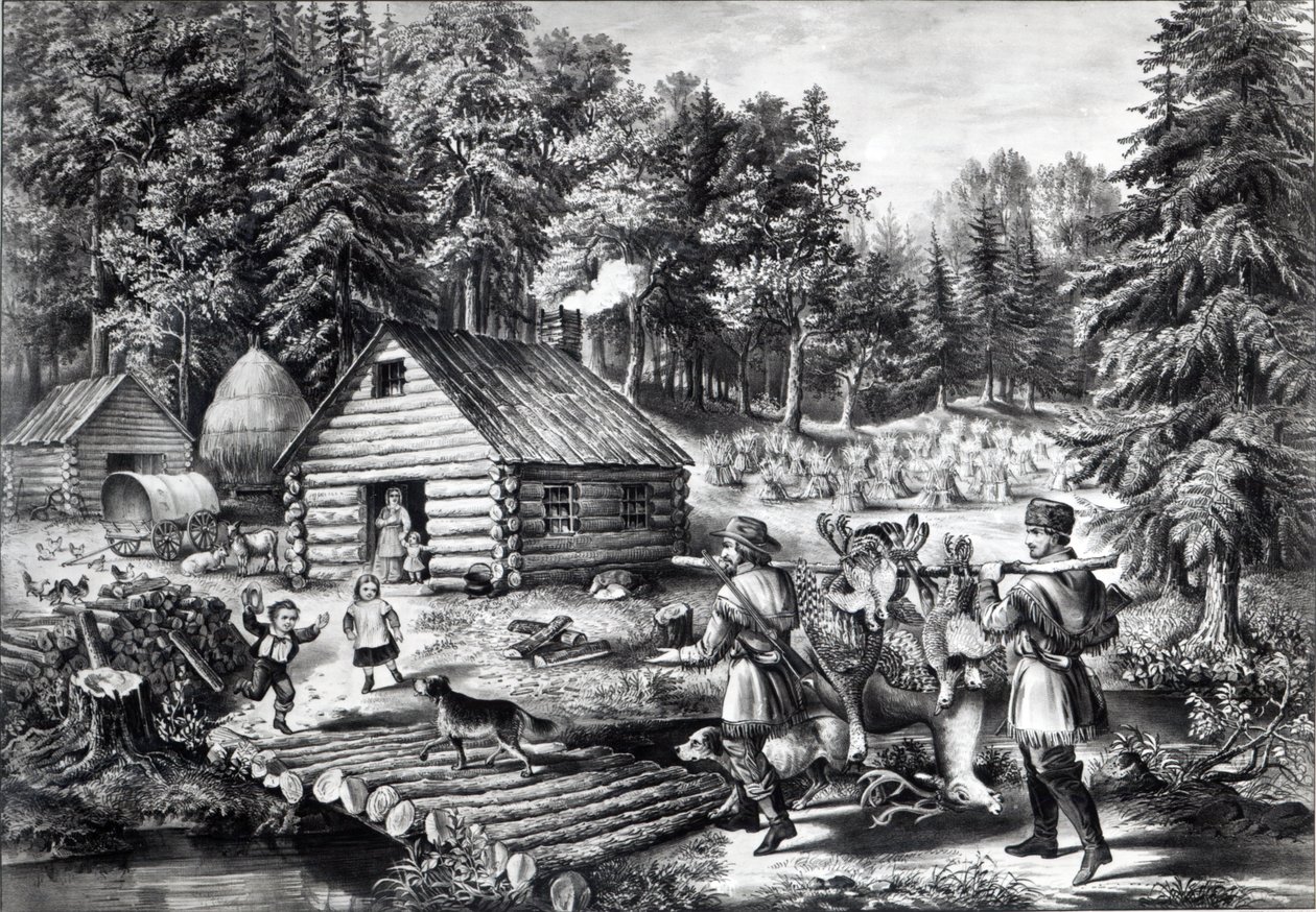 La casa del pioniere sulla frontiera occidentale, pub. da Currier e Ives da American School