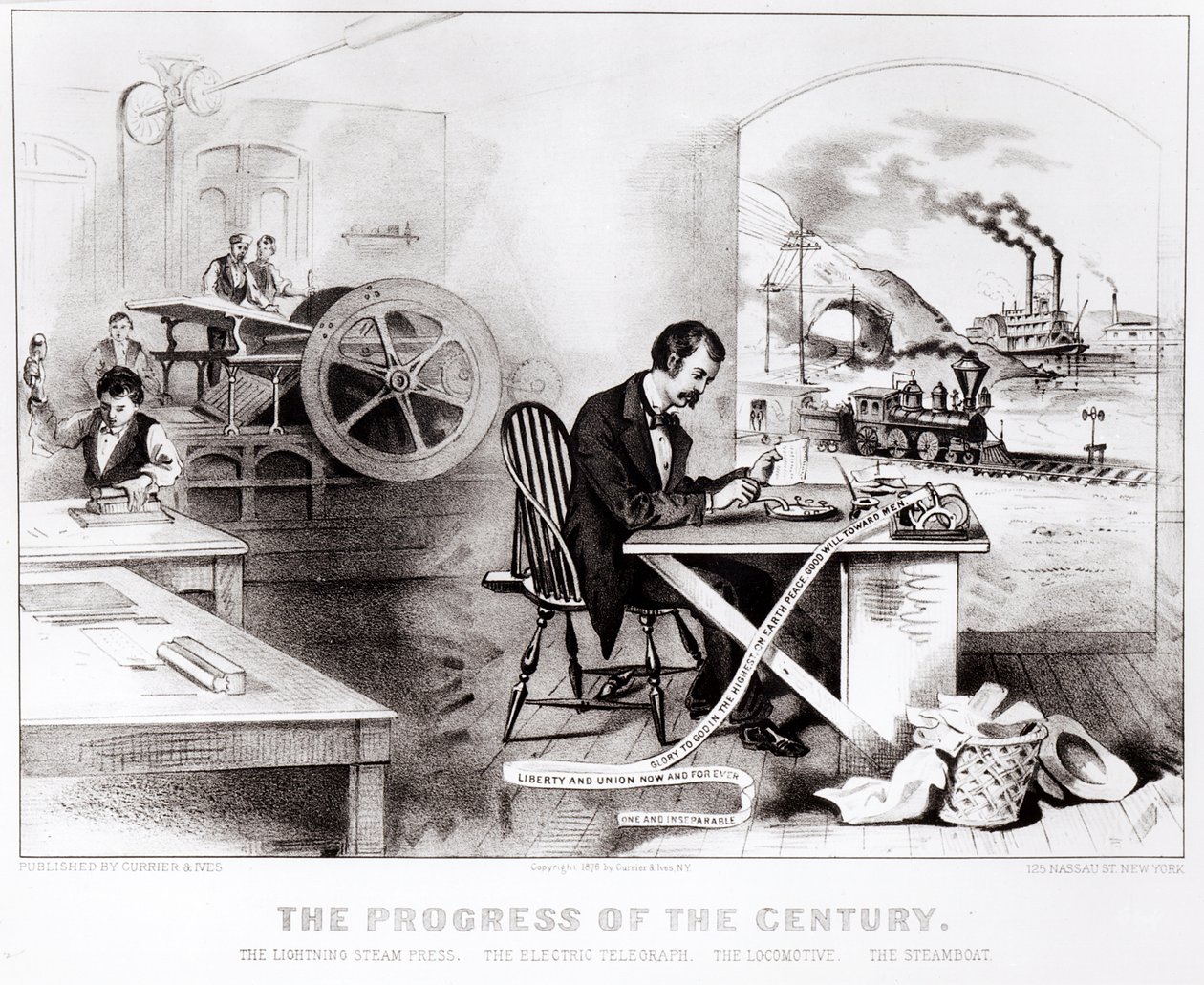 Il Progresso del Secolo: La Pressa a Vapore Fulmine, il Telegrafo Elettrico, la Locomotiva e il Battello a Vapore, pub. da Currier & Ives, 1876 da American School