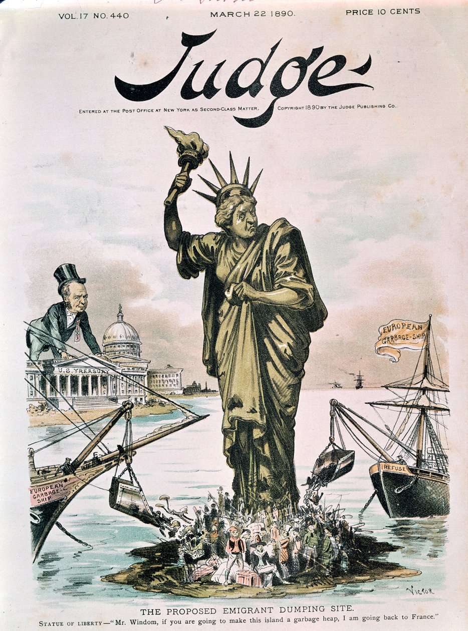 Il sito proposto per lo scarico degli emigranti, copertina di Judge, 22 marzo 1890 da American School