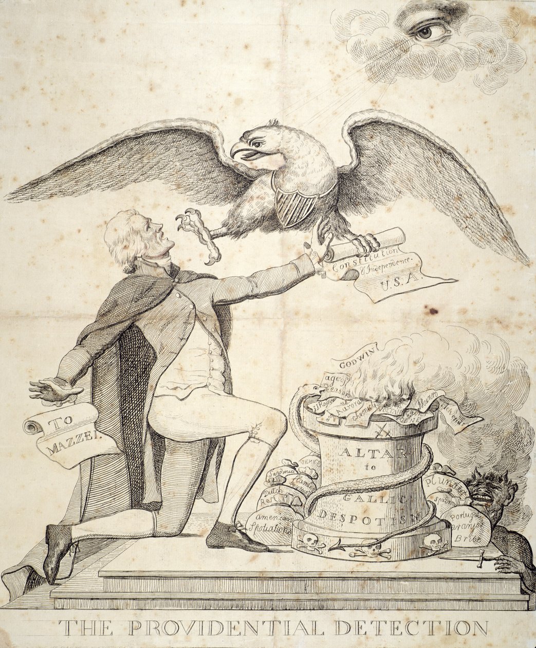 La rilevazione provvidenziale, cartone animato che raffigura Thomas Jefferson (1743-1826) che cerca di distruggere la Costituzione da American School