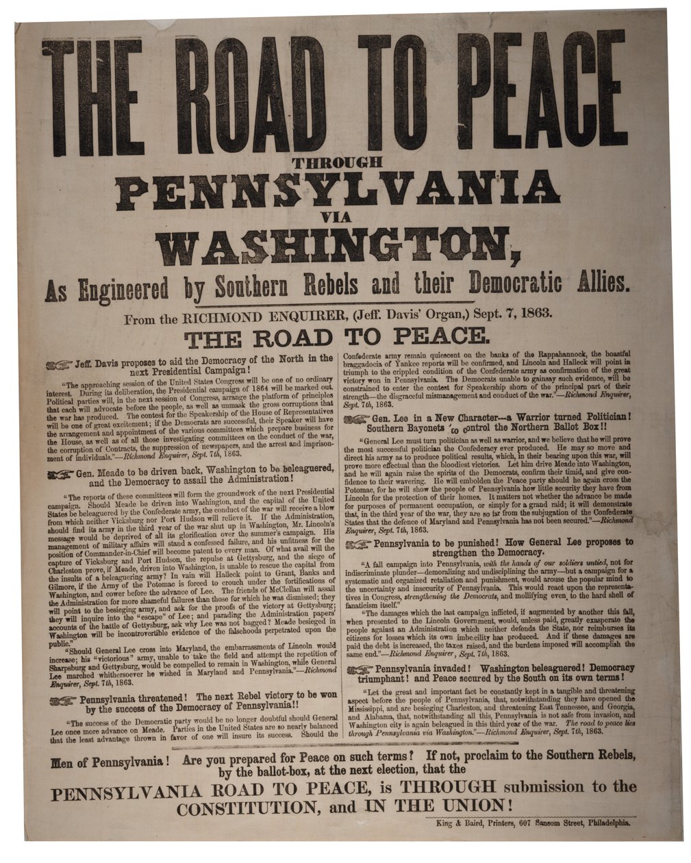 La strada per la pace attraverso la Pennsylvania via Washington, come ingegnata dai ribelli del sud e dai loro alleati democratici, King & Baird (1839-1876), 7 settembre 1863 da American School