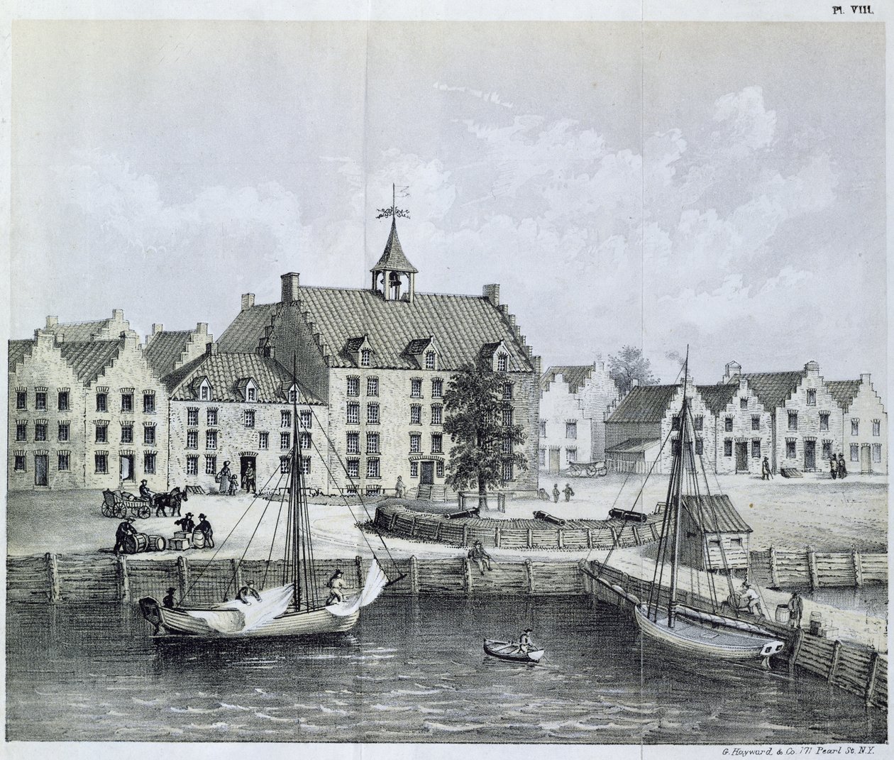 Lo Stadthuys di New York nel 1679, Angolo di Pearl Street e Coentijs Slip, dal Journal of a Voyage to New York in 1679-80 di Jasper Danckaerts e Peter Sluyter, pubblicato nel 1867 da American School