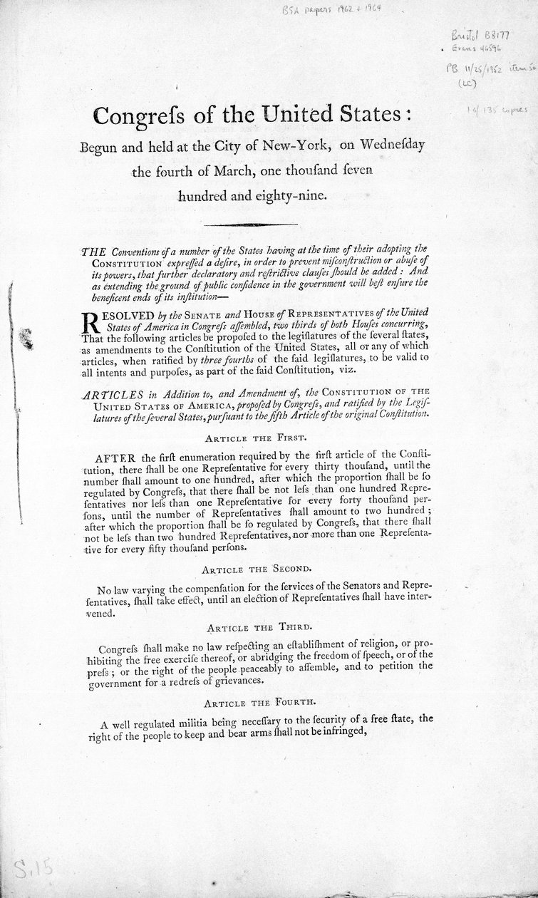 La Carta dei Diritti degli Stati Uniti, completata nel 1789 da American School