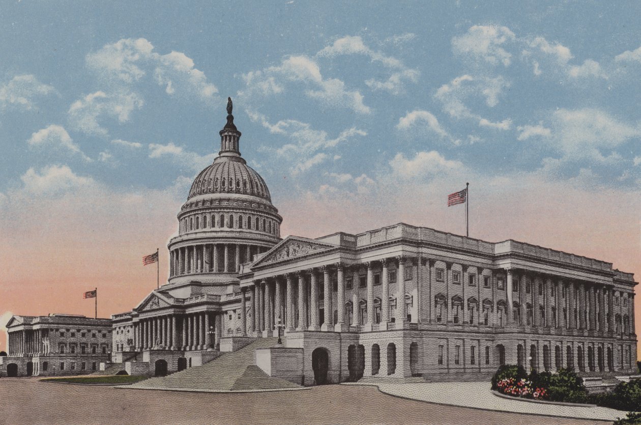 Il Campidoglio degli Stati Uniti, Washington DC (litografia a colori) da American School