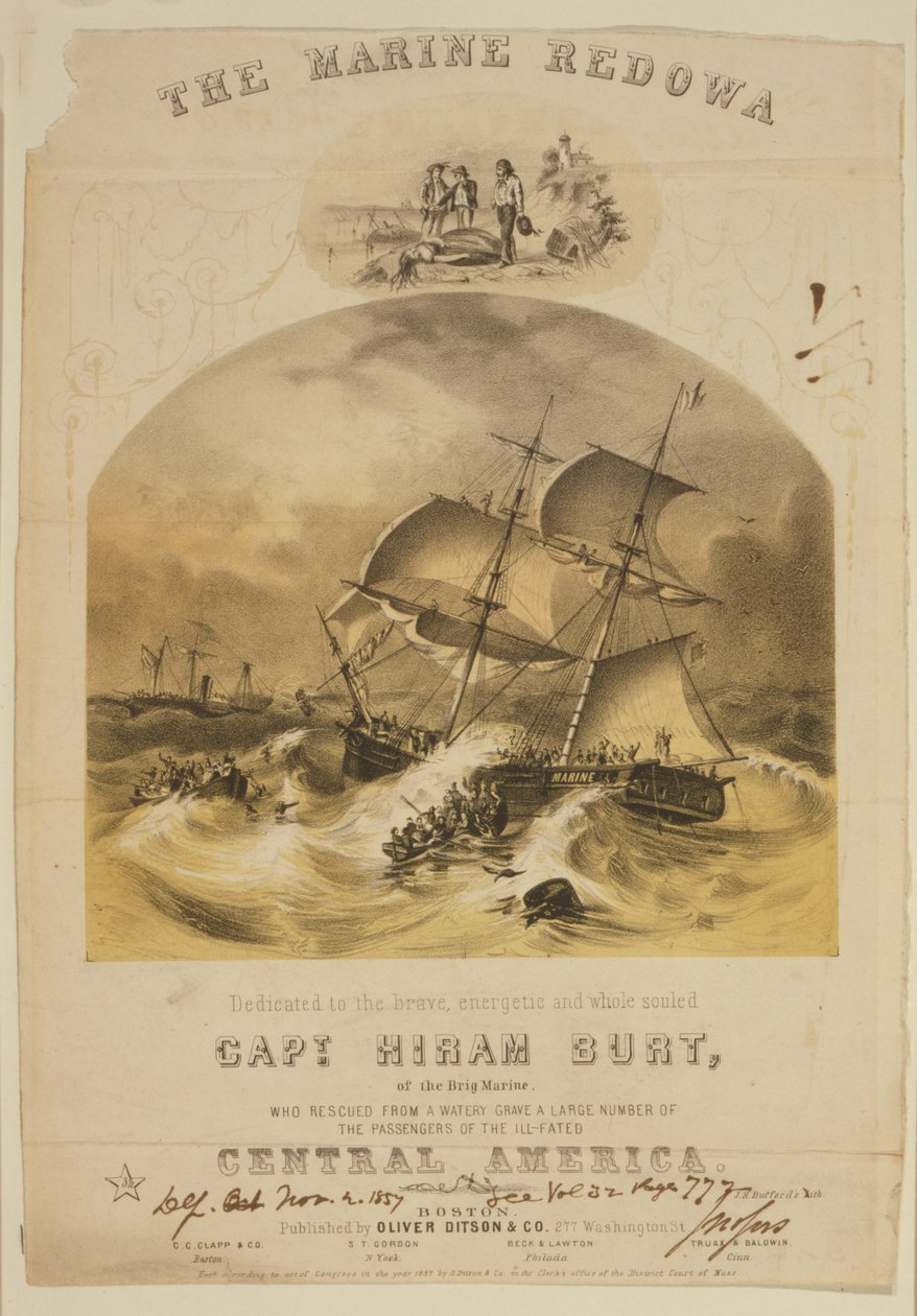 Il brigantino Marine che salva i passeggeri dalle scialuppe di salvataggio del piroscafo SS Central America dopo essere stato colpito da un uragano al largo delle Caroline nel settembre 1857. Oltre 550 annegati e 30.000 sterline (14.000 kg) di oro californ da American School