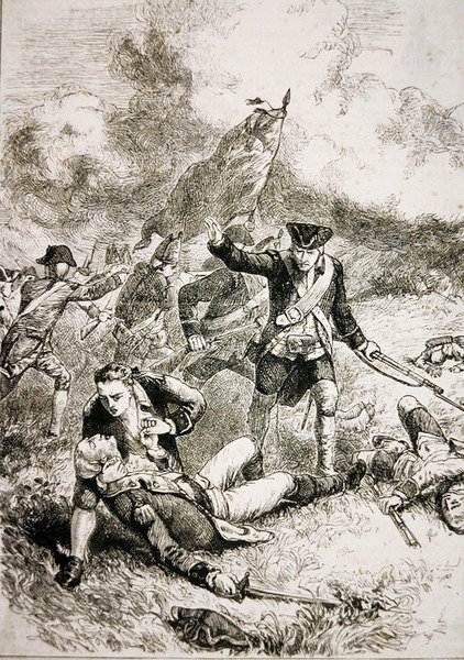 La morte del maggiore John Pitcairn dei Marines britannici nella battaglia di Bunker Hill da American School