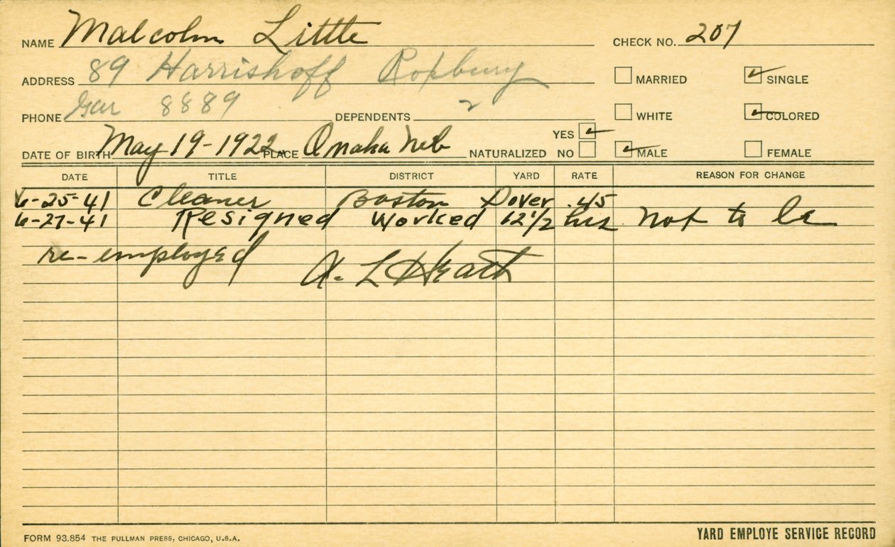 Il registro di servizio del dipendente Malcolm X da American School