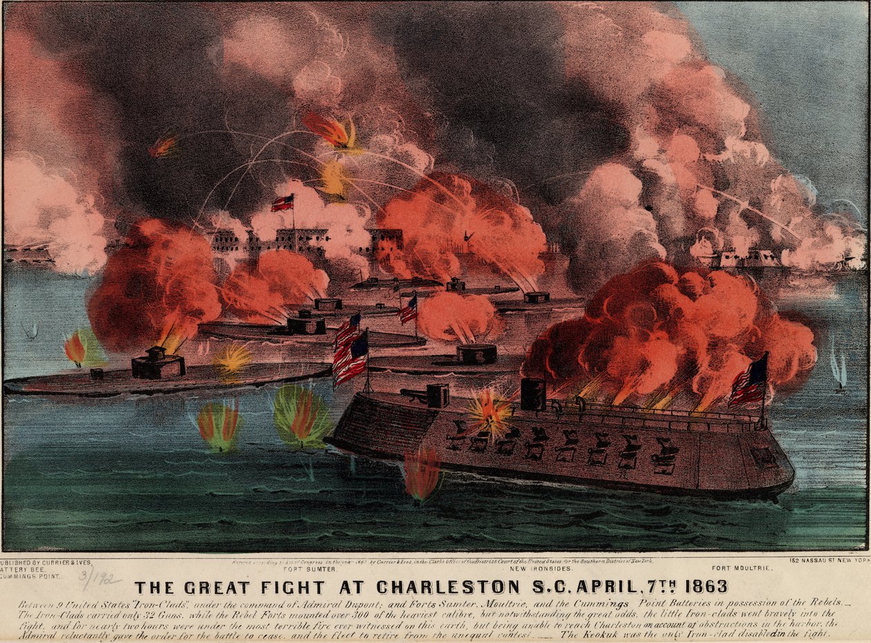 Il grande combattimento a Charleston S.C., 7 aprile 1863, pub. Currier & Ives, 1863 da American School