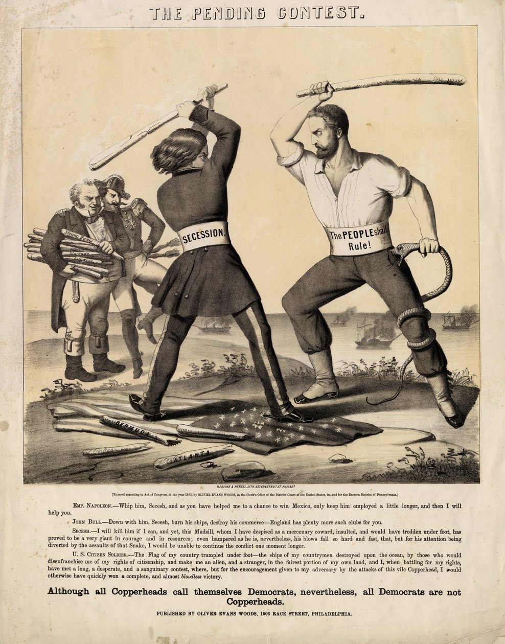 Il concorso in sospeso, pubblicato da Oliver Evans Woods : Herline & Hensel Lith., Filadelfia, 1863 da American School