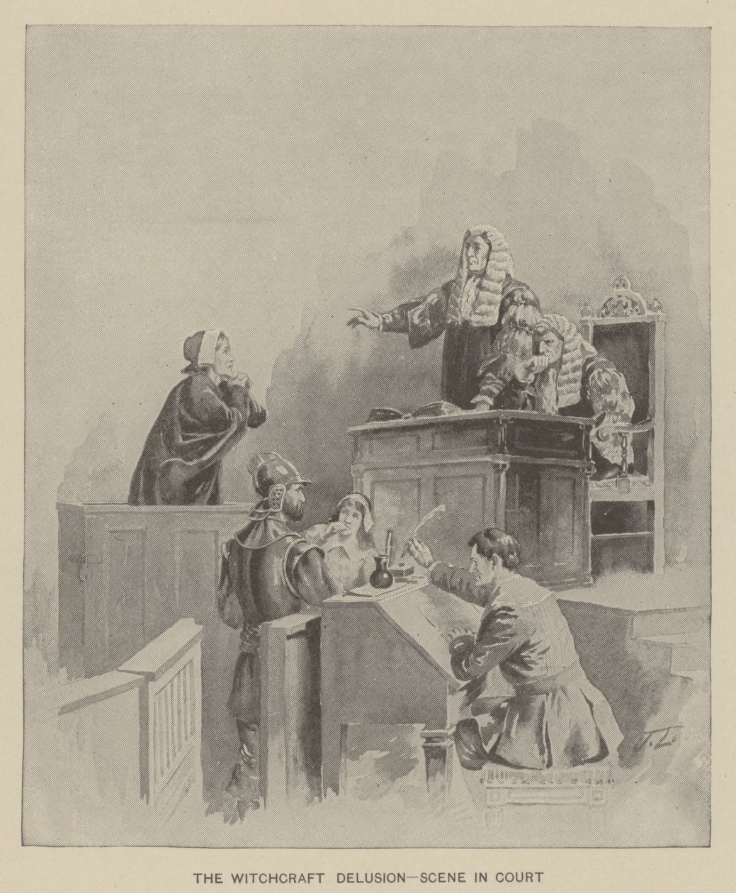 Il delirio della stregoneria - scena in tribunale (litografia) da American School