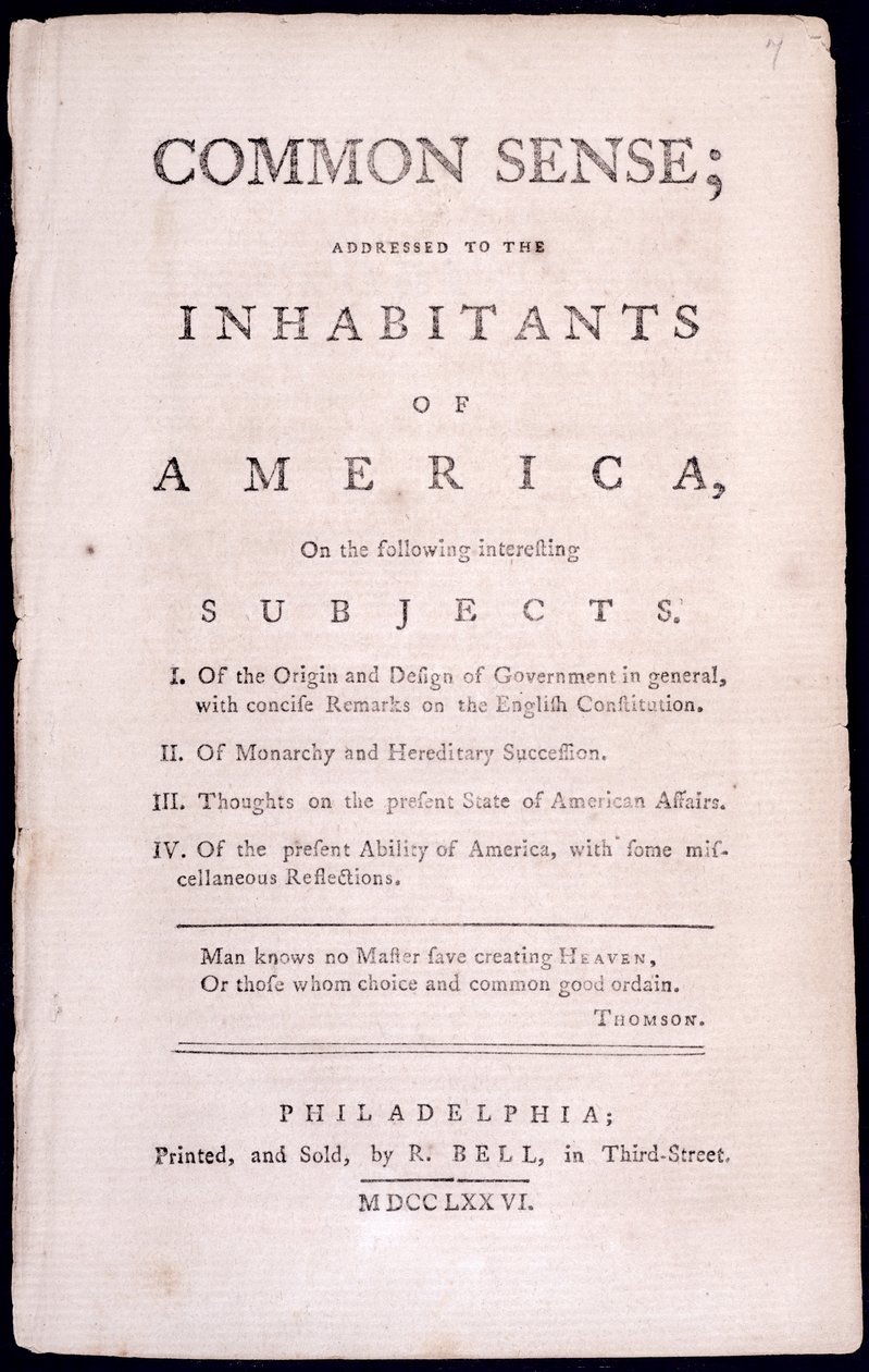 Pagina del titolo di Common Sense di Thomas Paine (1737-1809) 1776 da American School