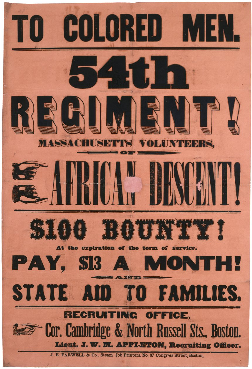 Agli uomini di colore. 54° Reggimento! Volontari del Massachusetts, di discendenza africana, 1863 da American School