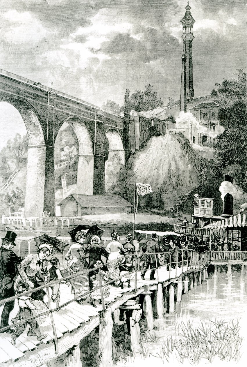 Turisti che tornano al loro piroscafo sul fiume Harlem, con il Ponte Alto a sinistra, inciso da W.A Rogers per Harper