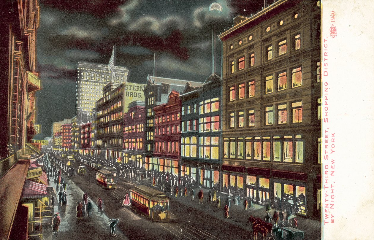 Il quartiere commerciale della Ventitreesima Strada, New York, di notte (litografia a colori) da American School