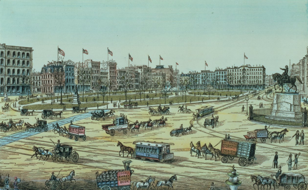 Union Square e Fourteenth Street fino a Seventeenth Street, da una serie di 48 vedute di New York e dintorni, pub. da Charles Magnus da American School