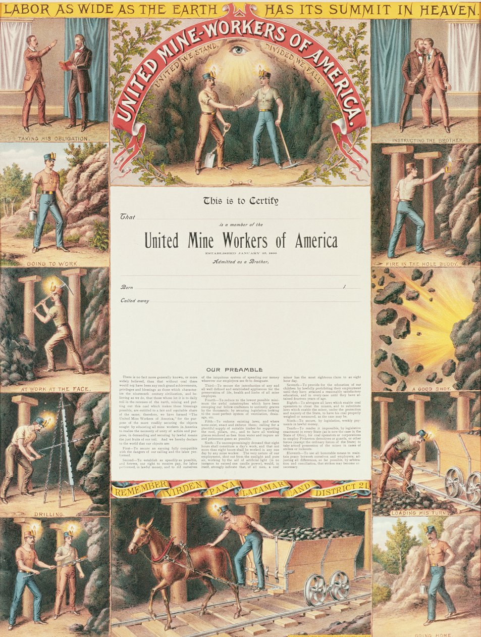 Certificato dei United Mine Workers, 1890 da American School