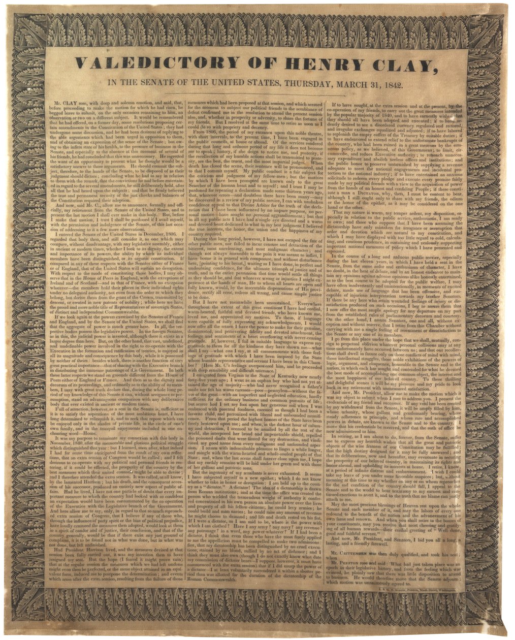 Discorso di commiato di Henry Clay, nel Senato degli Stati Uniti, 31 marzo 1842 da American School