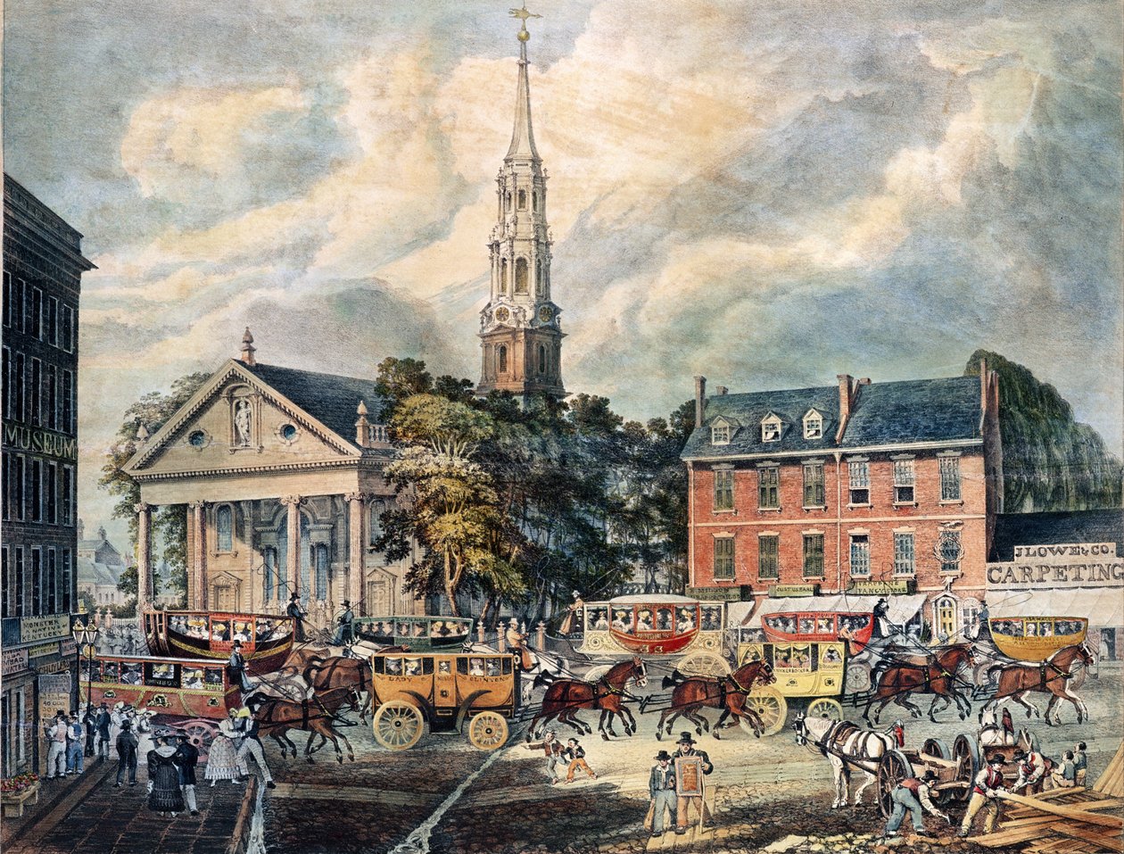Veduta della Cappella di San Paolo e dei palcoscenici di Broadway, New York da American School