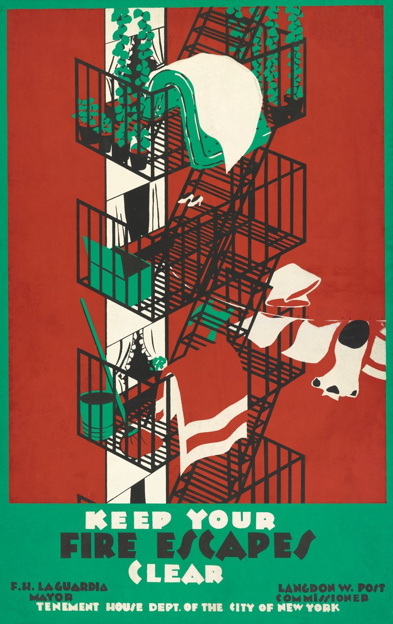 Poster vintage di una scala antincendio di New York City da American School