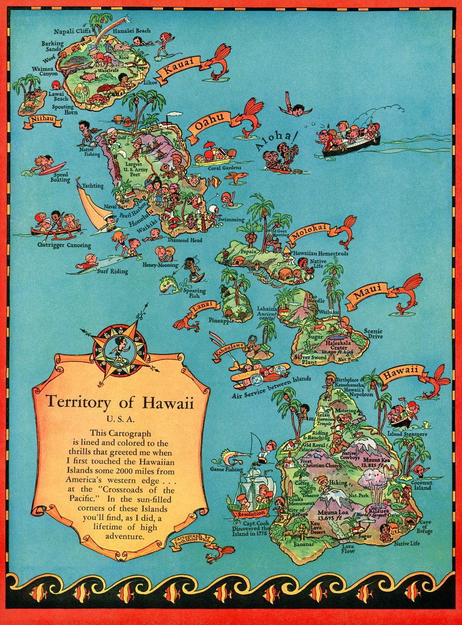 Mappa turistica vintage delle Hawaii da American School