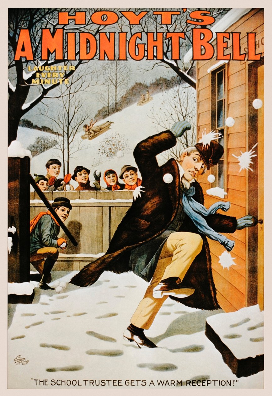 Poster vintage di ragazzi che lanciano palle di neve a un uomo, 1890-99 da American School
