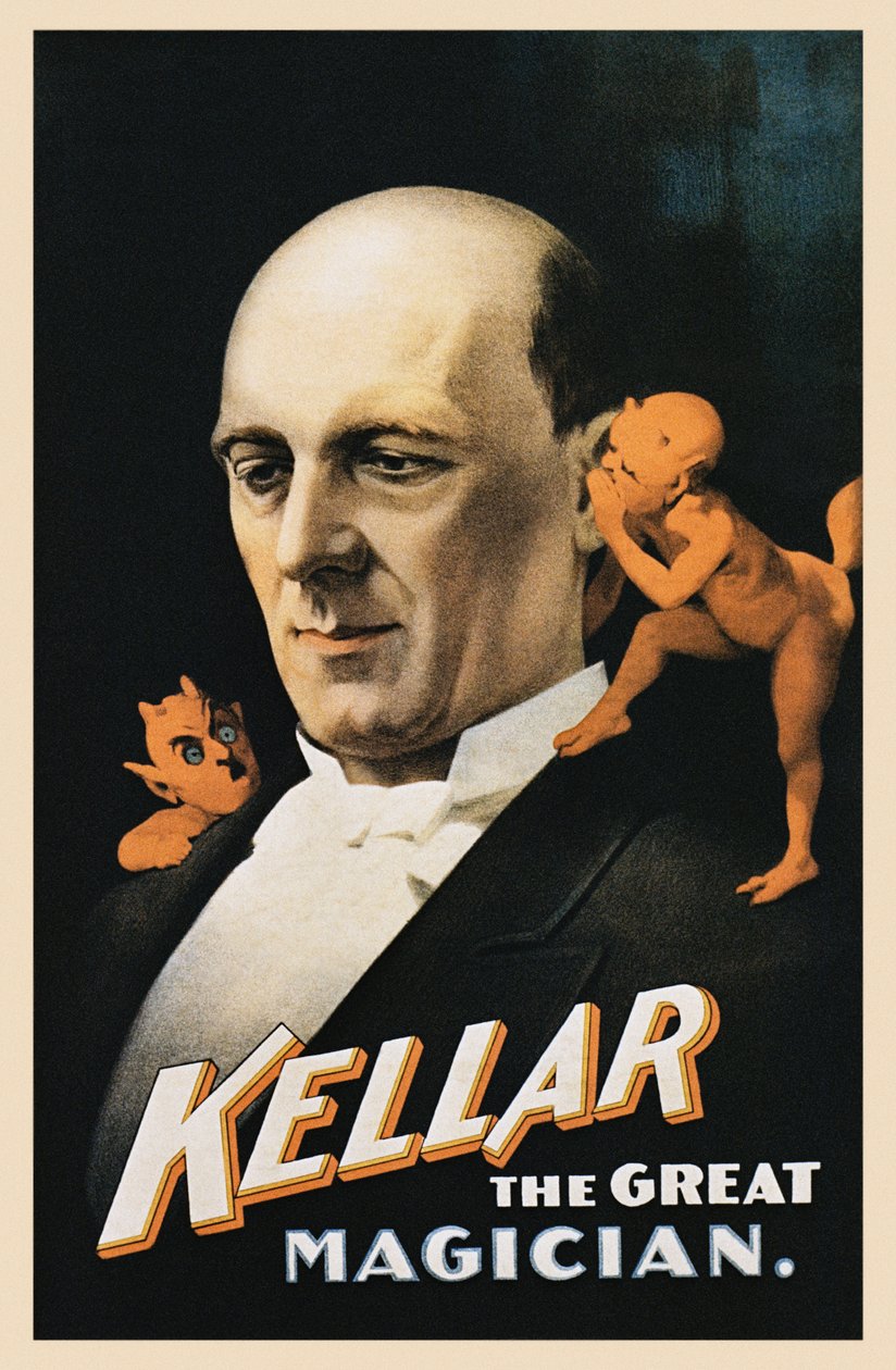 Poster vintage di uomo con diavoli che sussurrano da American School