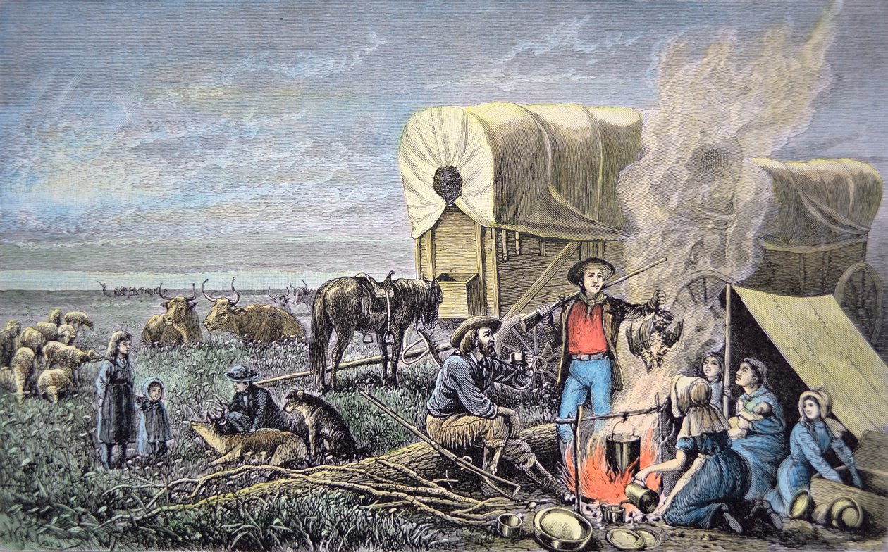 Emigranti in carro verso ovest (incisione colorata) da American School