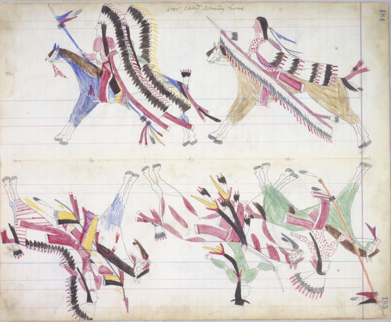 Gruppo di guerra che torna a casa, illustrazione dal Black Horse Ledger, 1877-79 da American School