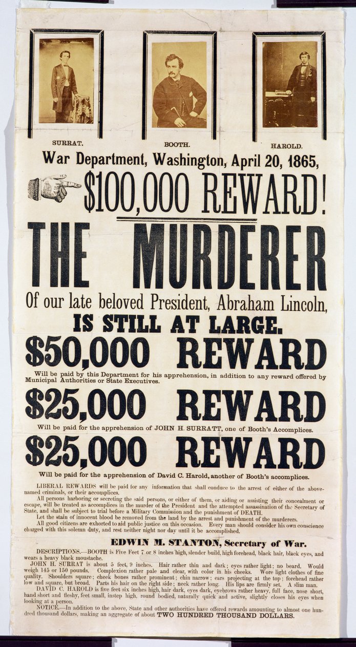 Manifesto del Dipartimento della Guerra di Washington che annuncia una ricompensa di $100.000 per trovare l